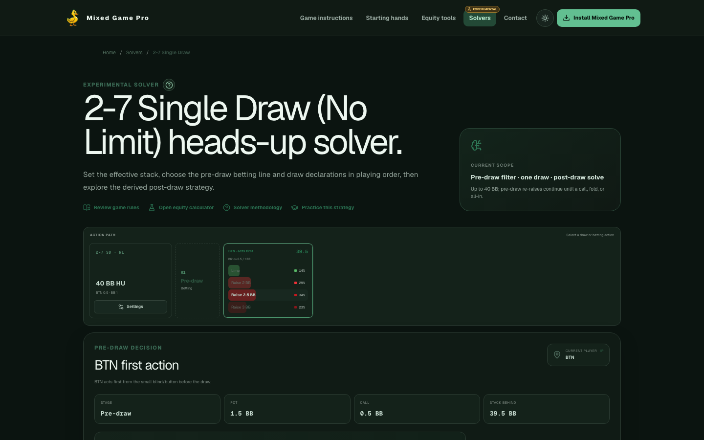 2-7 Single Draw solver showing the action path and solved strategy interface