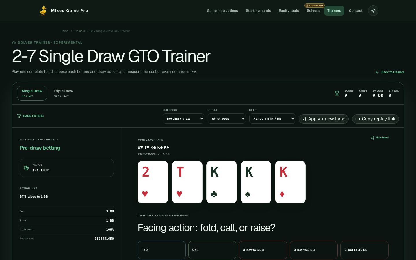 2-7 Single Draw trainer showing a five-card hand, action line, filters, and answer choices